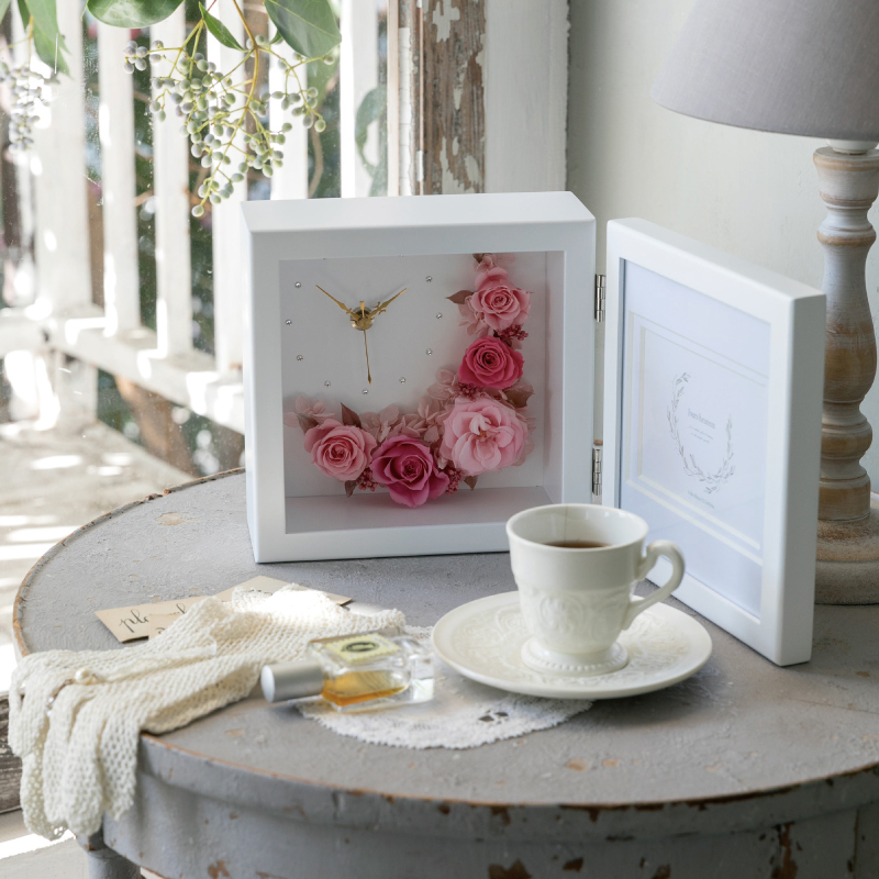 【三日月の花時計】プリザーブドフラワー フォトフレーム付クロック（全5色）